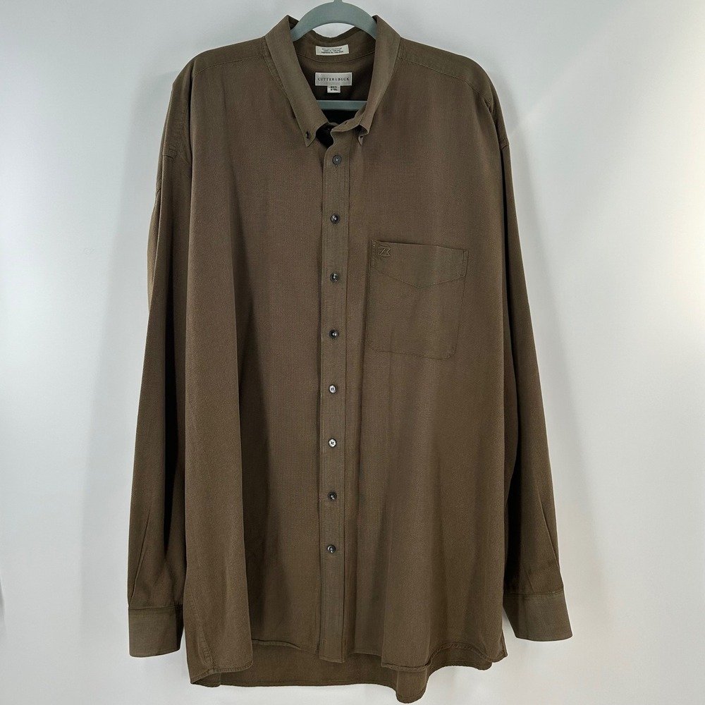 Cutter & Buck Mens 3XT Big & Tall Brown Textured Cotton Button Down Shirt